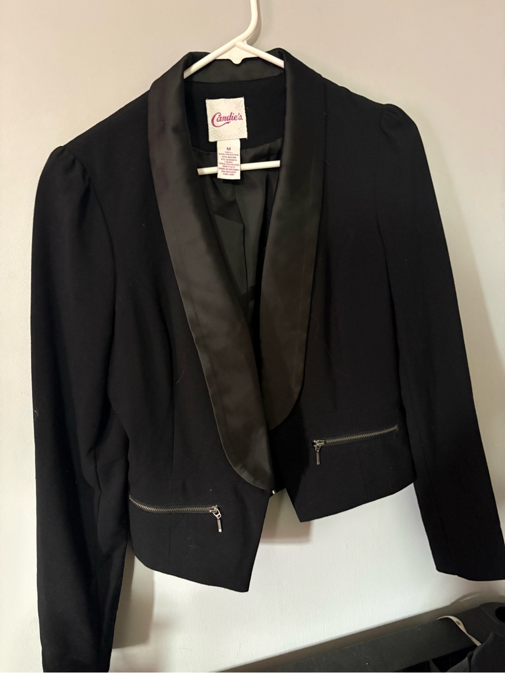 Candie's Black Satin Lapel Cropped Blazer